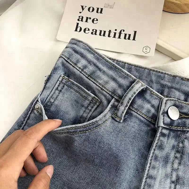Women's High Waist Wide Leg Jeans Asymmetric Split Hem Vintage Washed Denim Pants Loose Fit