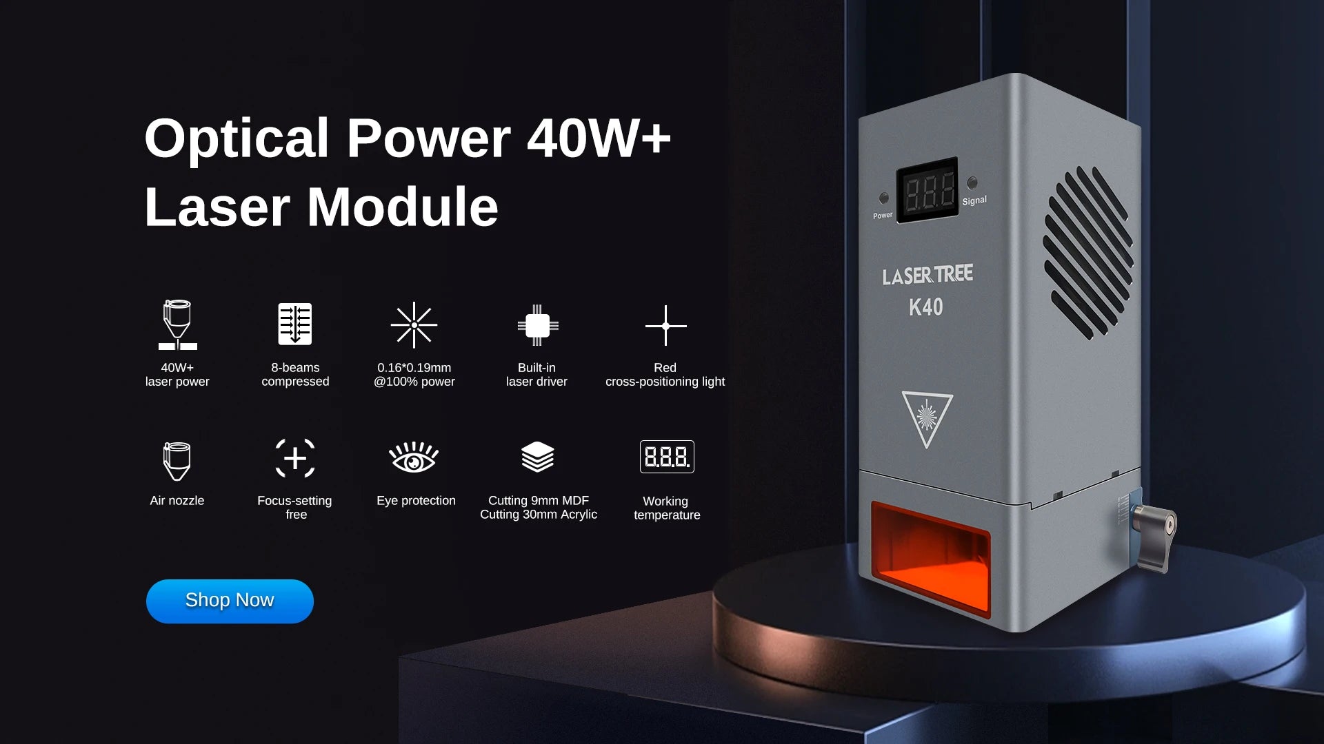LASER TREE K40 Optical Power 40W Laser Head with Air Assist 450nm Blue Light 8 Diodes TTL Module for Engraver Cutting Wood Tools