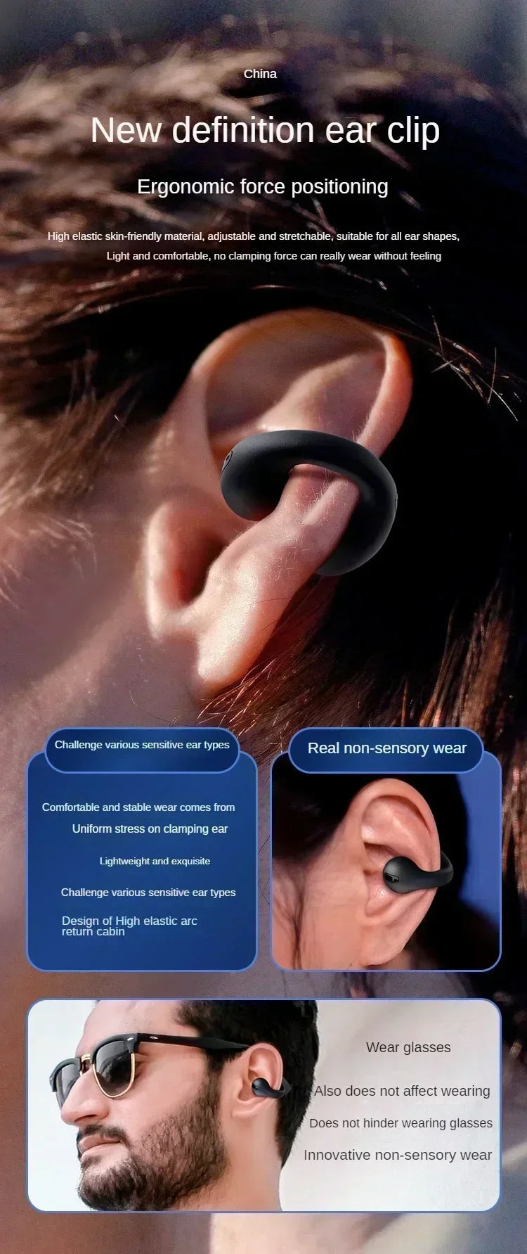 Wireless Ear Clip On Earphone Bluetooth-Compatible 5.3 Noise Canceling HiFi Stereo Headset Clip On Headphone for Running Fitness