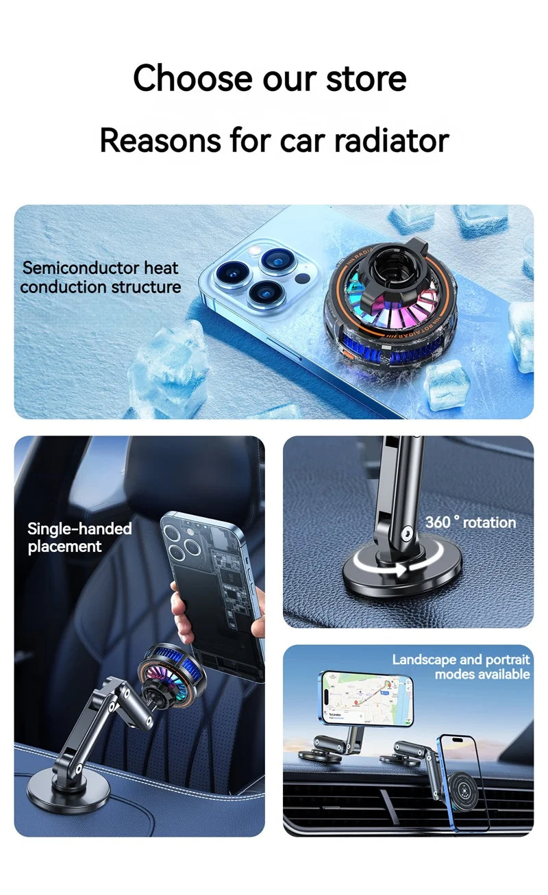 Universal Metal Car Magnetic Semiconductor Cooling Phone Holder RGB Light 3 Level Adjustable for iPhone 16 15 14 13 12 Samsung