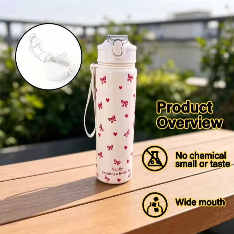 750ML Cute Strawberry Cherry Flower Bowknot Printed Tumbler with Pure White Base, High-Value Straw Cup for Sports