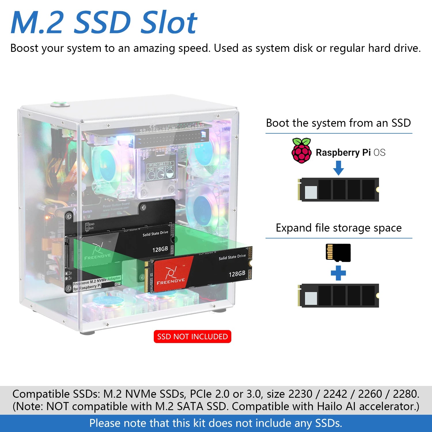Freenove Raspberry Pi 5 Case Kit Pro, 1/2 M.2 NVMe SSD Slots, 5 PWM ARGB Fans, 0.96" OLED Screen, Stereo Speakers, 3.5 mm Audio