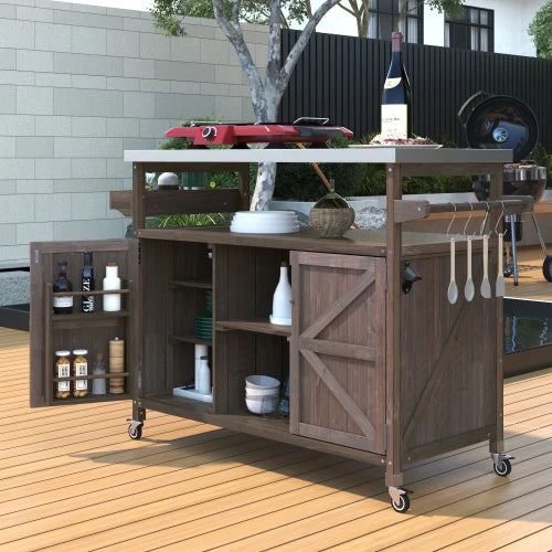 US Stock Farmhouse Rolling Kitchen Island Cart With Stainless Steel Countertop Wooden Storage Cabinet With Lockable Wheels