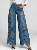 Women High Waist Lace Spliced Wide Leg Denim Jeans Loose Flowy Casual Daily Trousers