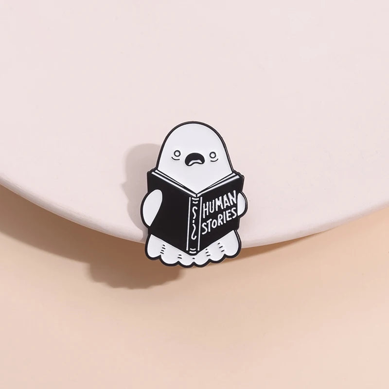 Cartoon Ghost Boo Enamel Pins Human Stories Book Creative Brooches Halloween Backpack Clothes Lapel Badge Gift for Kids Friends