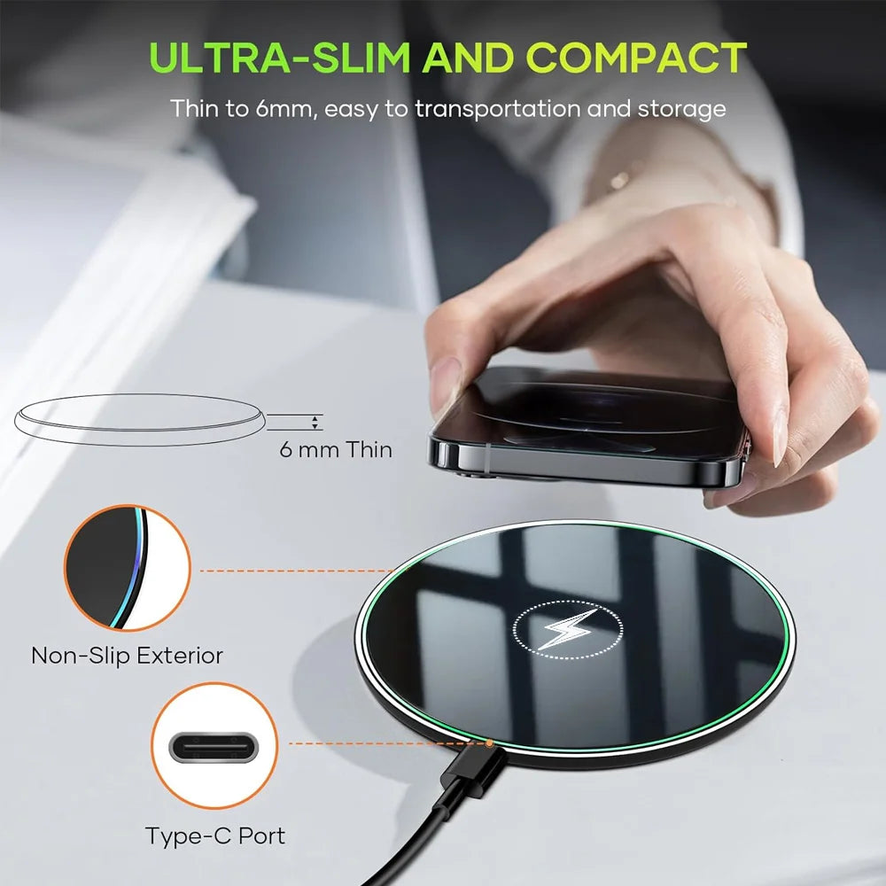 Universal Wireless Charger for Apple iPhone 17/16/15 Pro Max, Samsung Galaxy S22/S21, Huawei, Xiaomi, Google Pixel — Wide Compat