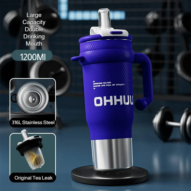 1200ml Vacuum Insulated Travel Mug 316 Stainless Steel Tumbler with Handle Straw Tea Infuser Double Lid Keep Cold Hot for Home