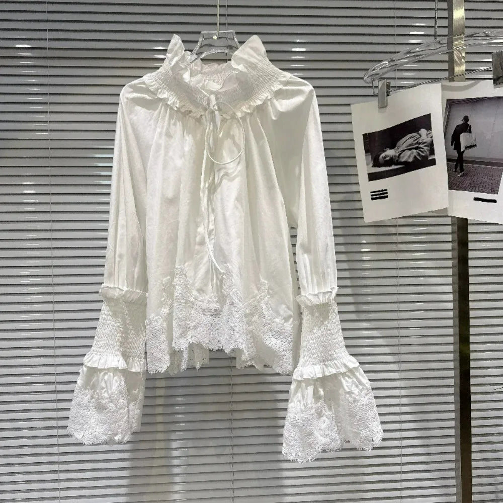 2026 Autumn New Women's Clothing French Design White Temperament Sweet Lace Strap Turtleneck Horn Sleeve Versatile Shirts Ladies