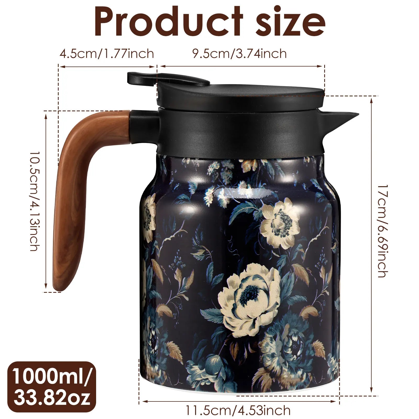 Thermal Teapot 1000ML Large Capacity Insulated Water Pitcher with Detachable Tea Strainer 316 Stainless Steel Coffee Jugs