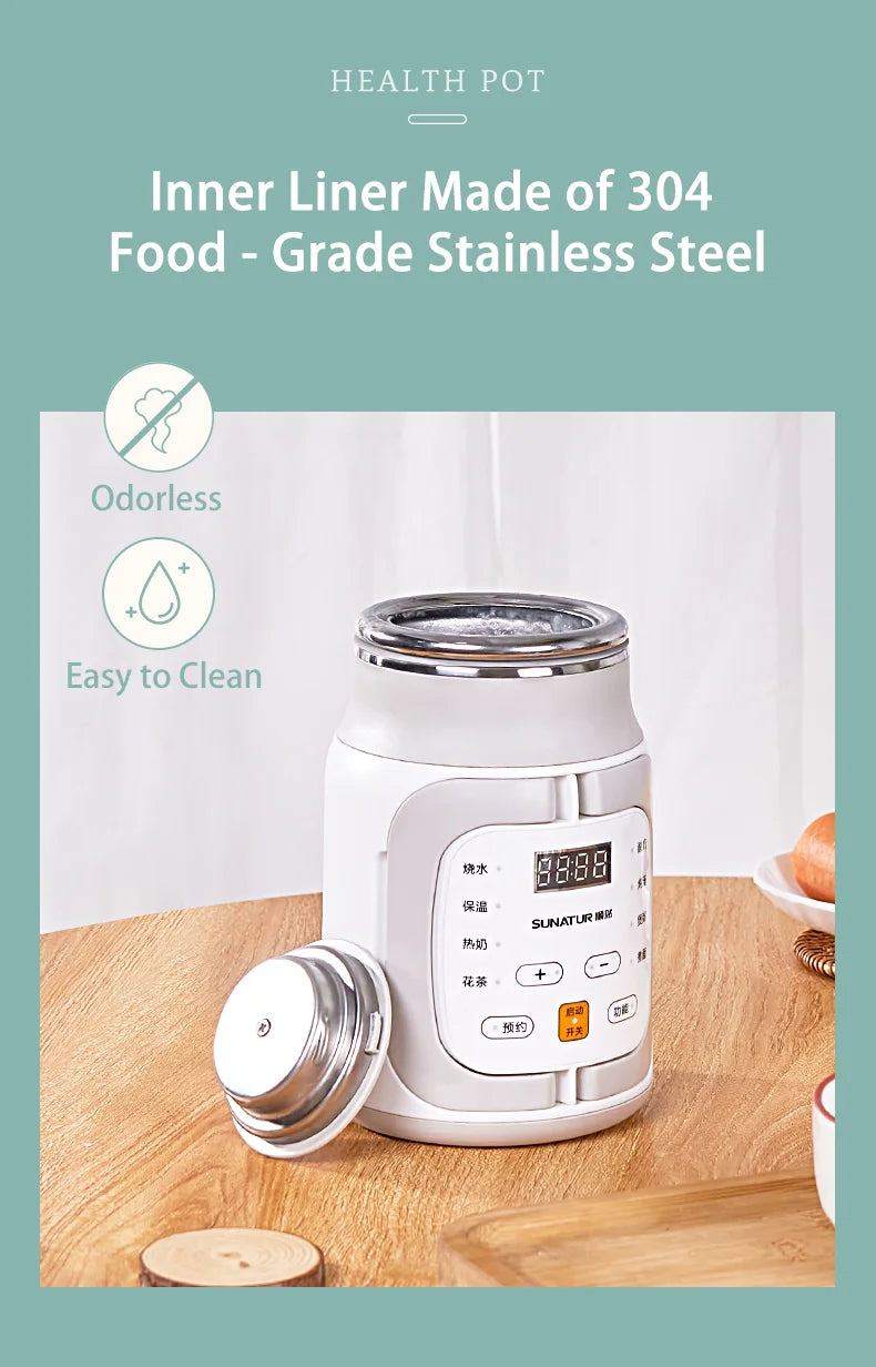 SUNATUR 600ml 700W Electric Cooker Multifunctional Rice Cooker Stew Pot Slow Cooker Mini Porridge Pot Portable Soup Pot