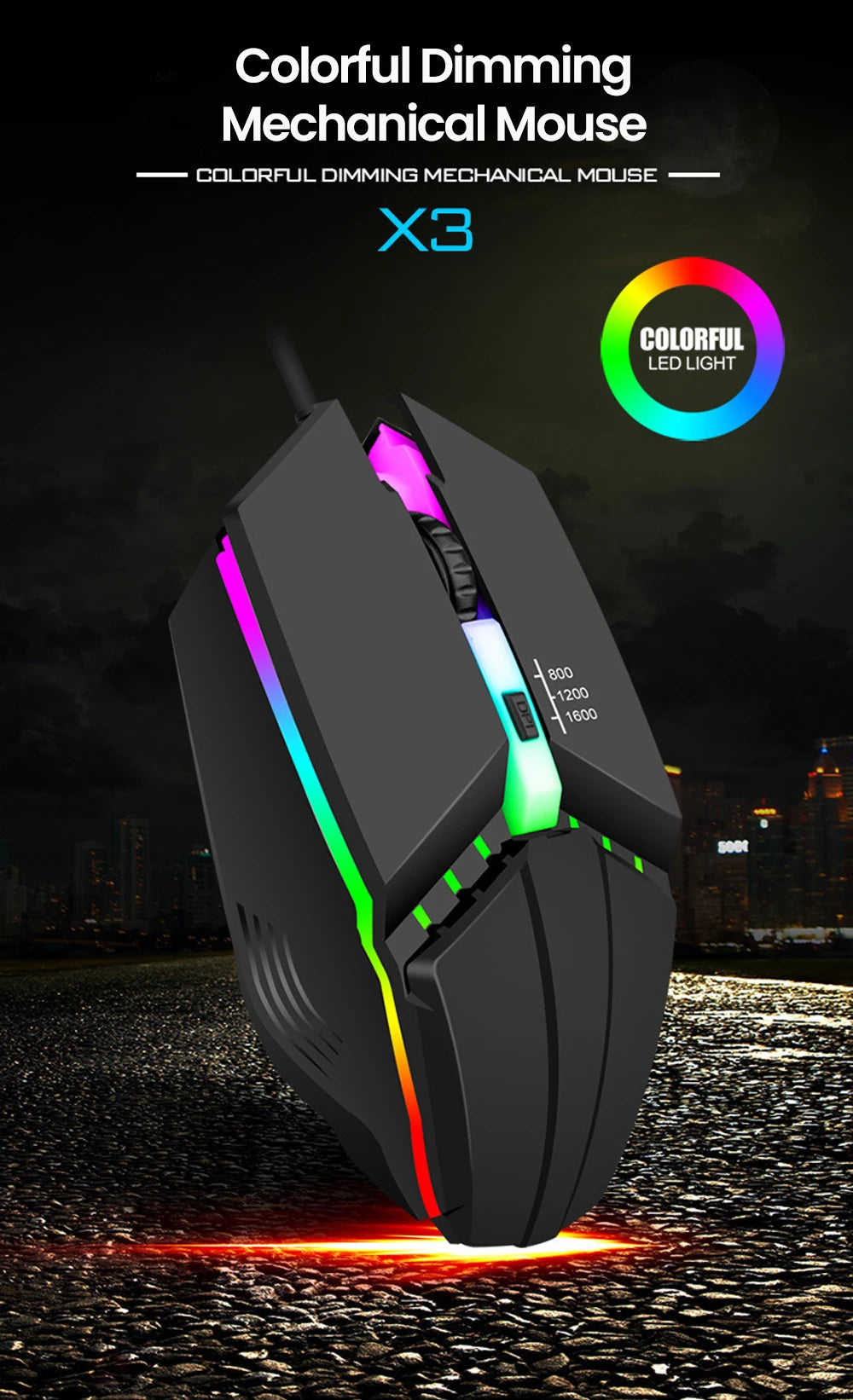 Mouse Gamer USB con LED RGB - Silencioso 1600DPI