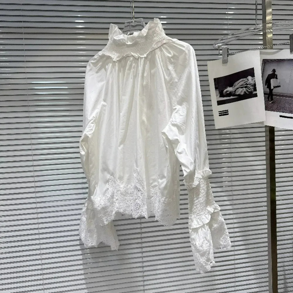 2026 Autumn New Women's Clothing French Design White Temperament Sweet Lace Strap Turtleneck Horn Sleeve Versatile Shirts Ladies