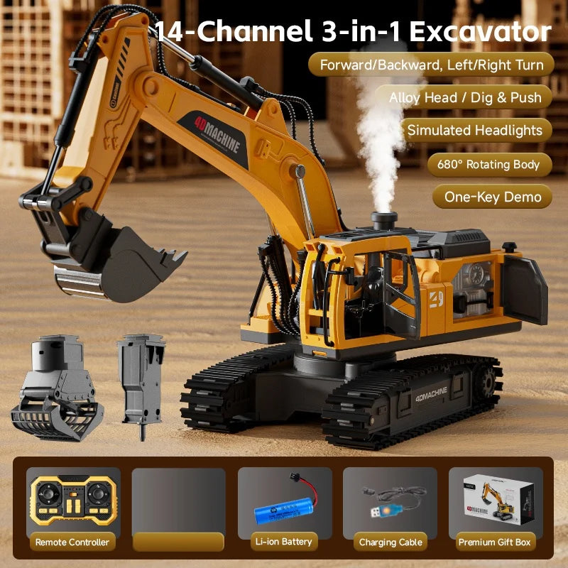 RC Excavator 14 Channel 3 IN 1 RC Engineering Car Remote Control Crawler Truck Alloy Excavator RC Model Car Toy Christmas Gift
