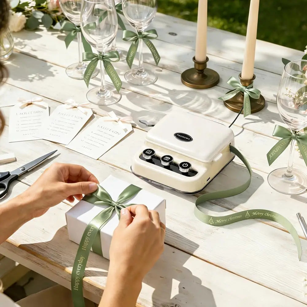 Phomemo P15 Mini Bluetooth Label Printer for Christmas Gifts & Wedding Decorations, Portable Ribbon Label Maker with Custom Text