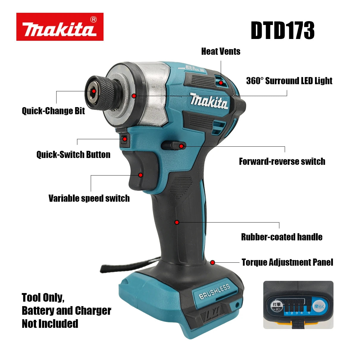 Atornillador Impacto Makita DTD173 | 1800RPM 180Nm - Para Madera, Pernos y Metal