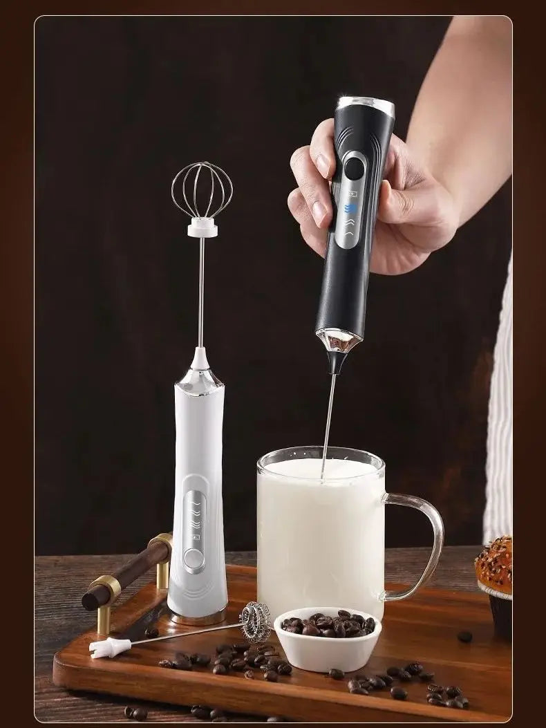1 Electric Milk Frother, Dual Stick Rechargeable 3-Speed Handheld Egg Beater, Coffee Frother, Cream Blender, Travel Blender