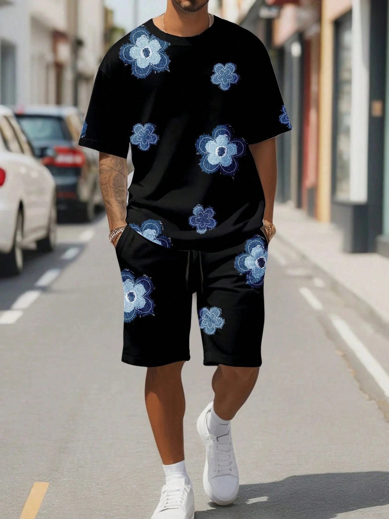 Set 2 Piezas Hombre - Remera y Short Floral Blanco y Negro