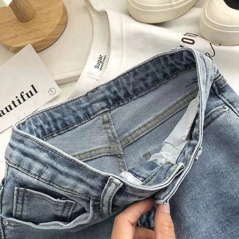 Women's High Waist Wide Leg Jeans Asymmetric Split Hem Vintage Washed Denim Pants Loose Fit
