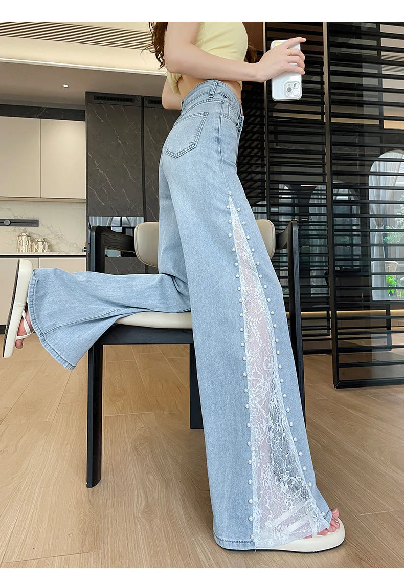 Women's High Waist Lace Stitching Beaded Wide Leg Jeans Summer Stretch Floor Length Pants