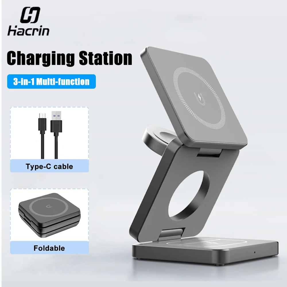 3 in 1 Magnetic Wireless Charger for iPhone Foldable Fast Wireless Charging Station for iPhone 16 15 14 13 12 Charger Stand