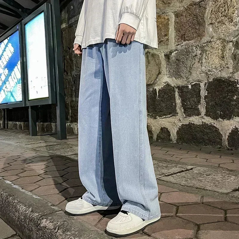 Fashion Men's Solid Color Drape Jeans Loose Straight Korean Vintage High Street Hip-hop Y2K Casual Daily Dragging Wide-leg Pants