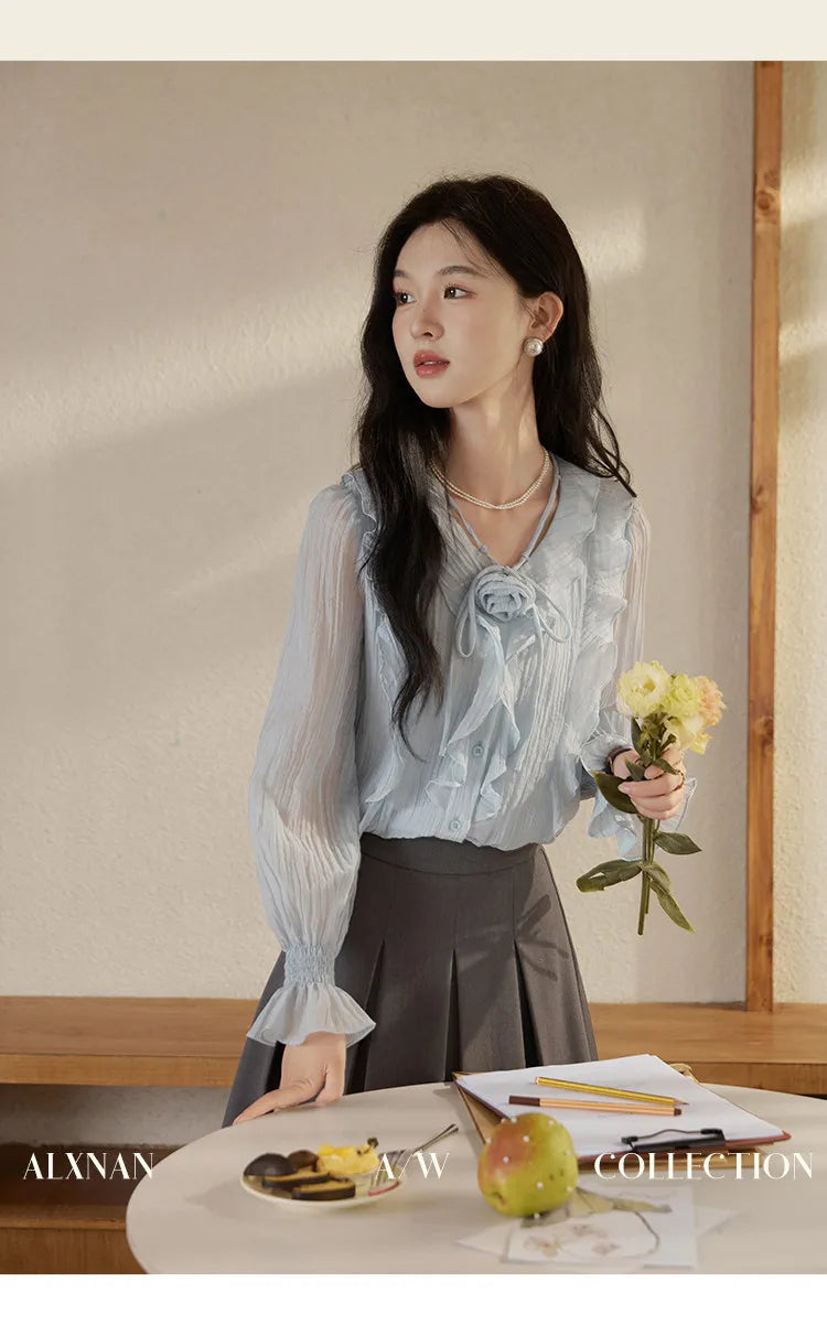 ALXNAN French Style Women's Pink Shirt Autumn V-neck With Detachable 3D Flowers Full Long Sleeves Elastic Cuffs Shirts VL39307
