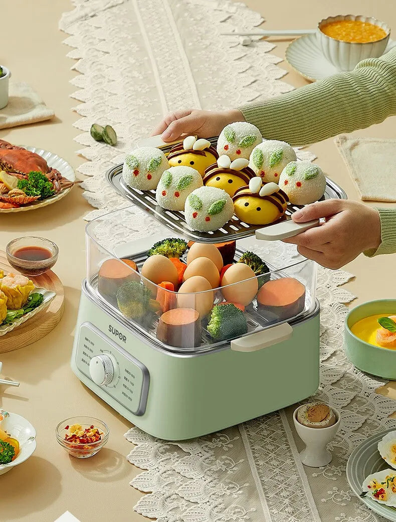 SUPER Electric Steamer Household Electric Boiler Three-layer Transparent Visualization Steamer Stainless Steel Steaming Tray9.3L