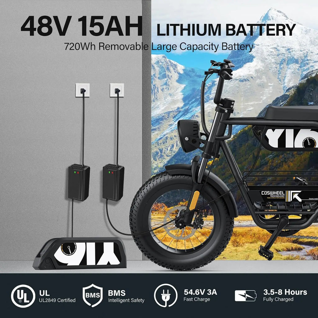 Coswheel Y16 Electric Bike for Adults 1000W Moped Style Ebike 48V 15Ah Removable Battery 28MPH Electric Motorcycle FatTire ebike