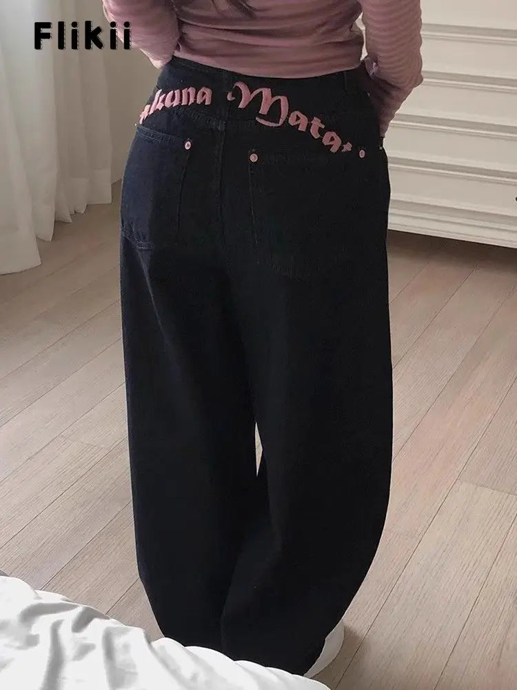 Women's Sweet Casual Full Length Baggy Denim Trouser Retro Emo Harajuku Loose Jeans Letter Embroidery High Waist Y2K 2000s Pants