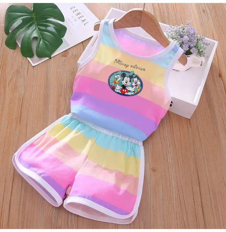 2026 Summer Baby Kids Clothes Sets Cut Striped Cartoon Printed Girls and Boys Vest and Shorts 2 Pieces Sets Children's Outfits