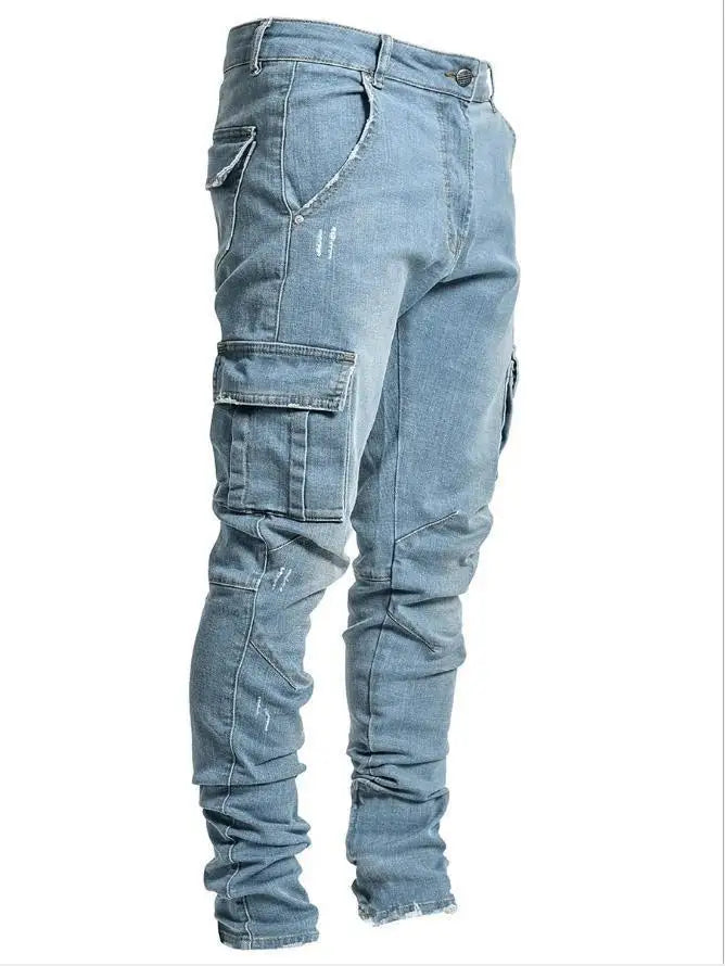 2026Jeans Men Pants Wash Solid Color Multi Pockets Denim Mid Waist Cargo Jeans Plus Size Fahsion Casual Trousers Male Daily Wear