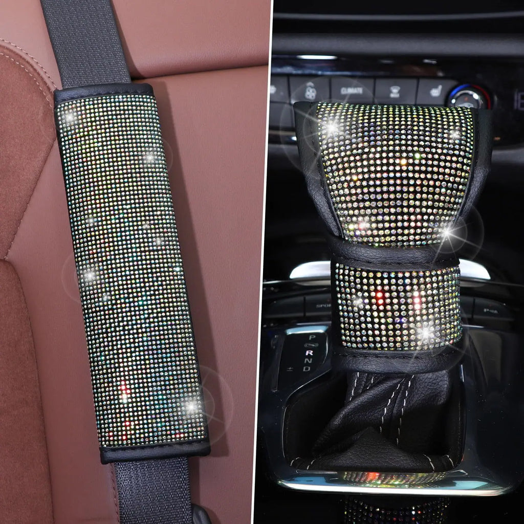 38cm Bling Car Accessories Set For Women Rhinestones Steering Wheel Cover Safety Belt Covers Gear Shift Cover Diamond Cup Pads