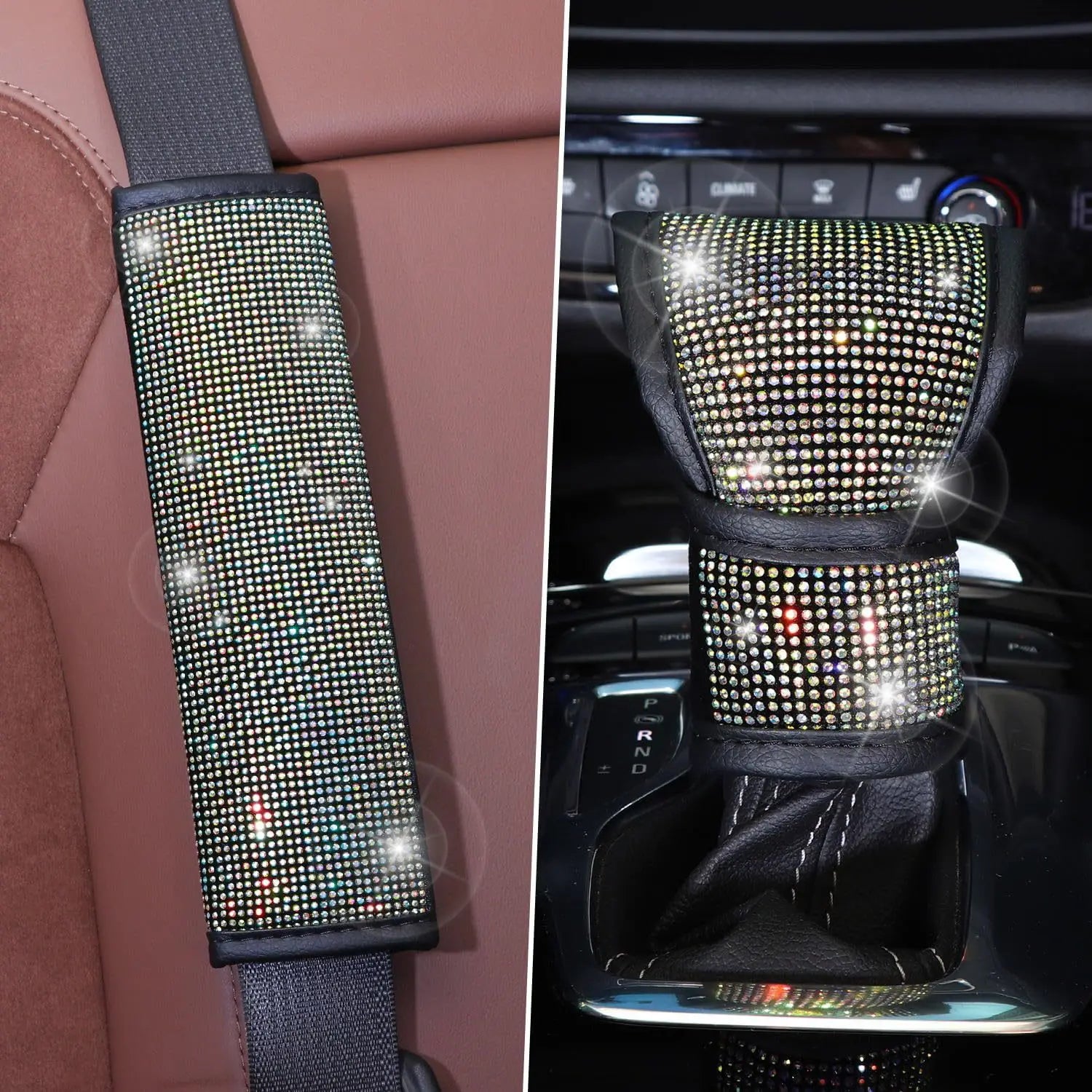 38cm Bling Car Accessories Set For Women Rhinestones Steering Wheel Cover Safety Belt Covers Gear Shift Cover Diamond Cup Pads