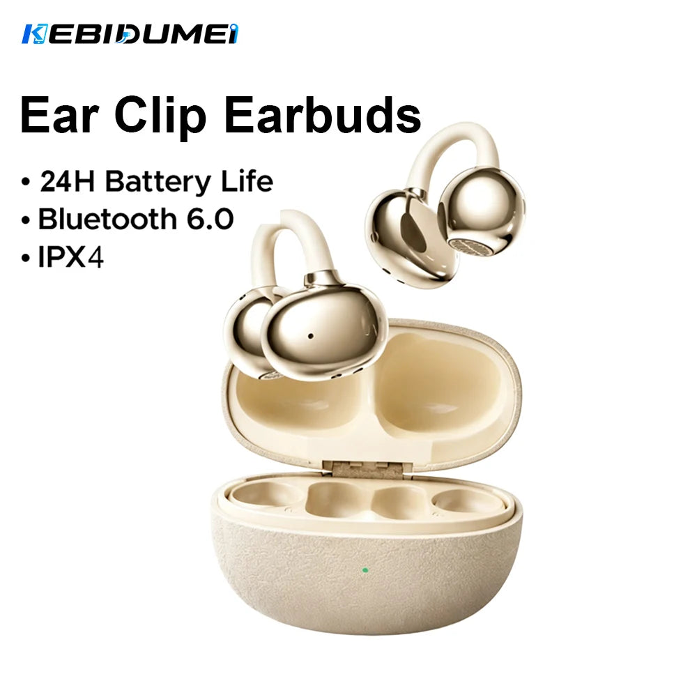 KEBIDUMEI Open-Ear Wireless Headphones Bluetooth 6.0 Earphones with Mic Clear Call Ear Clip Earbuds Sports Headsets 24H Playtime