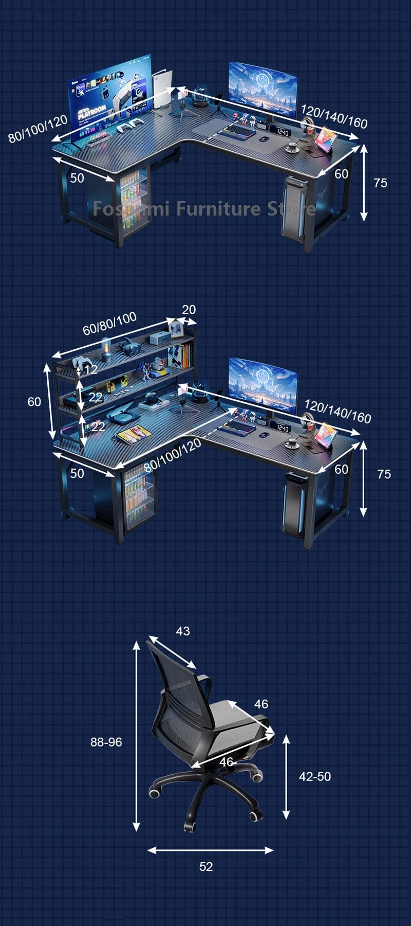 L-Shaped Computer Desk and Chair Set Modern Home Office Furniture with Shelf Gaming Work Desk Chair Set Corner PC Table for Room