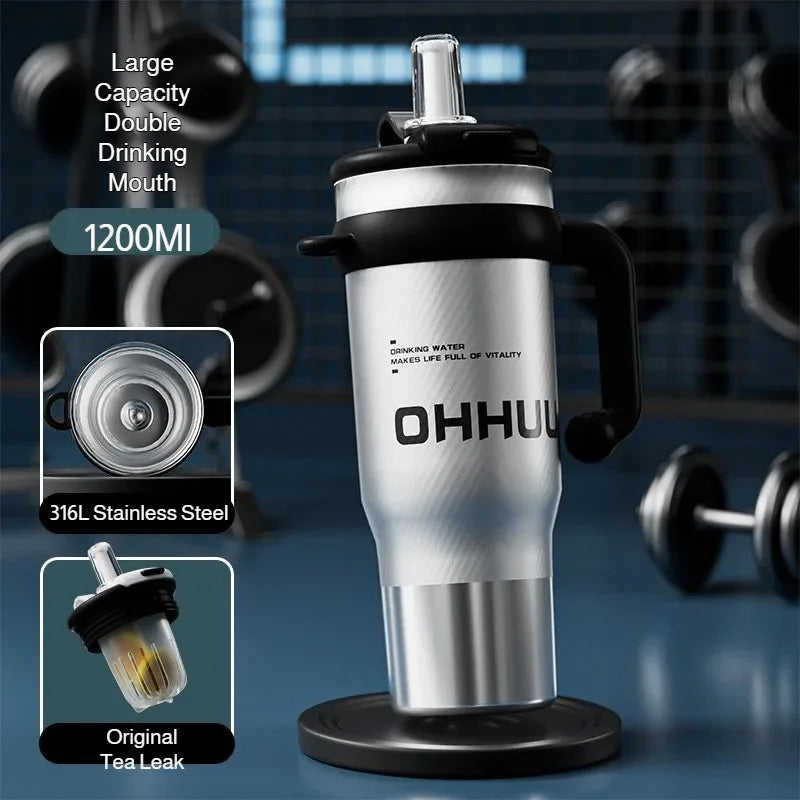1200ml Vacuum Insulated Travel Mug 316 Stainless Steel Tumbler with Handle Straw Tea Infuser Double Lid Keep Cold Hot for Home